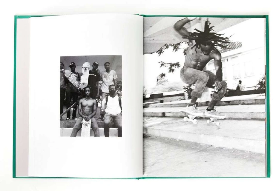 Open book spread displays two black and white skate photos: one shows a group and the other an airborne skateboarder.