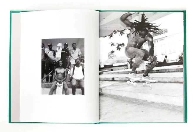 Open book spread displays two black and white skate photos: one shows a group and the other an airborne skateboarder.