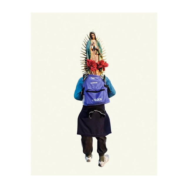 Person from behind with purple Adidas backpack, red roses, and Our Lady of Guadalupe figure against an off-white background.