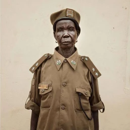 Elderly woman in a brown military-style uniform and cap posing against a pale wall.