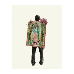 Person seen from behind carrying a large framed image adorned with flowers on a plain light background