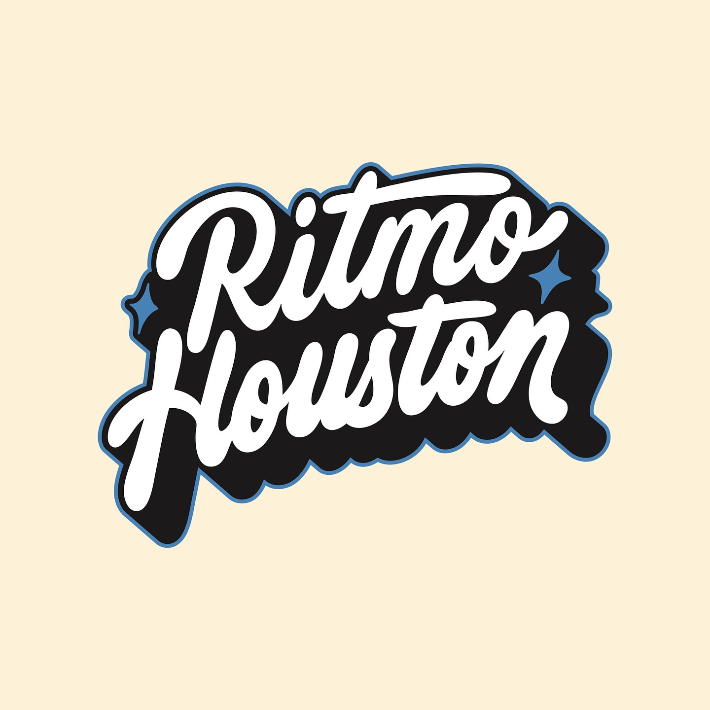 Stylized text logo for Ritmo Houston featuring black, white, and light blue colors on a soft beige background.