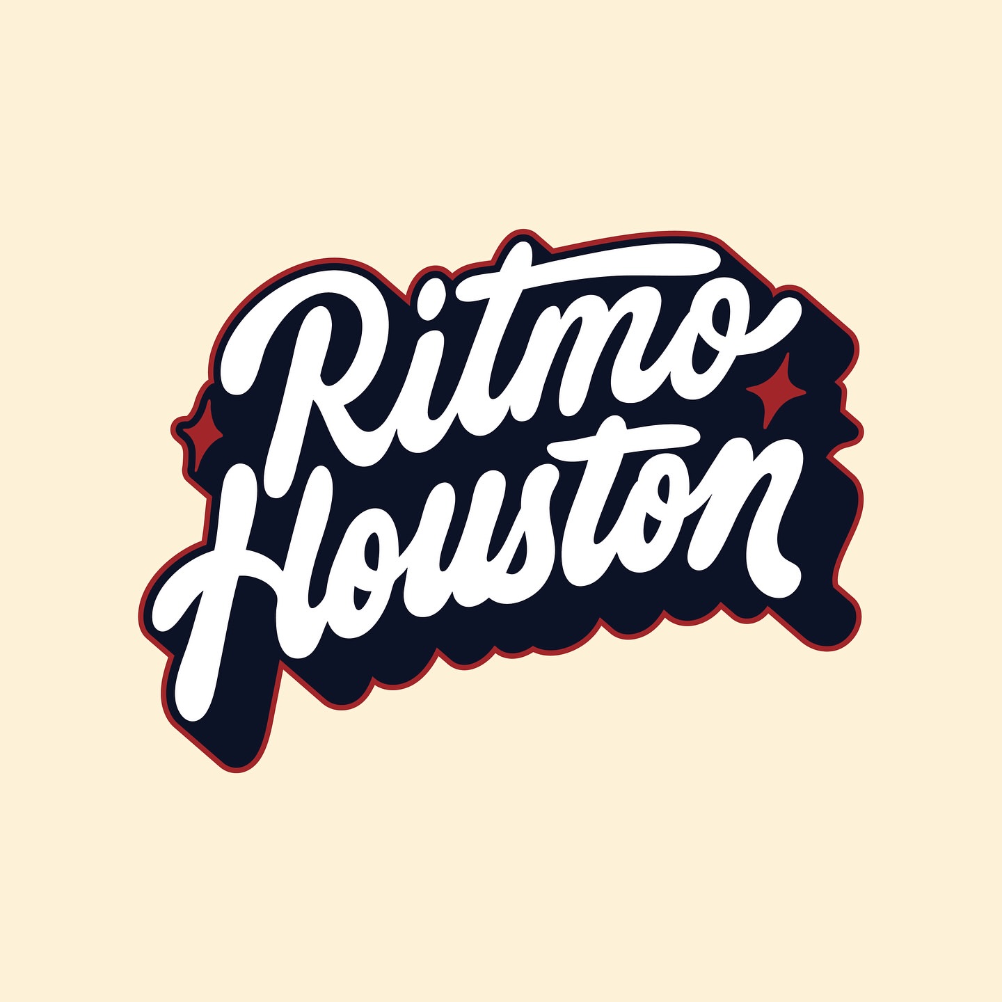 Retro-style logo with the words 'Ritmo Houston' in white cursive script with a dark blue and red outline against a cream background.