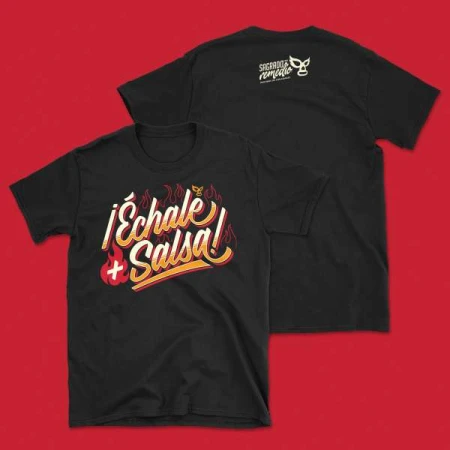 Two black t-shirts with vibrant design on red background. One shows the front design 'Échale + Salsa!', the other shows the back.