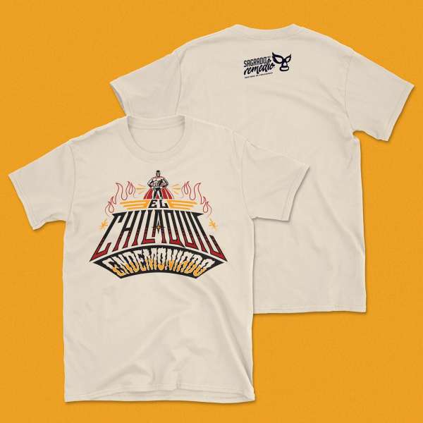 Two off-white t-shirts are displayed against an orange background, one with a colorful graphic of a Mexican wrestler. Graphic tee.