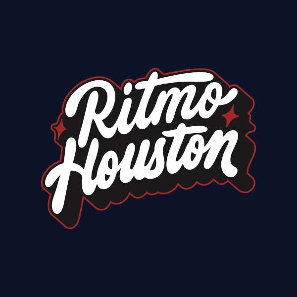 Eye-catching logo featuring the stylized text 'Ritmo Houston' in white with black and red outlines, set against a dark blue background.