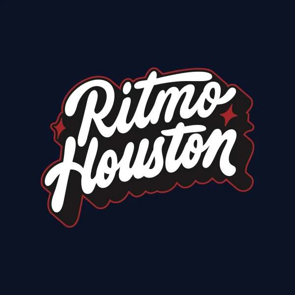 Eye-catching logo featuring the stylized text 'Ritmo Houston' in white with black and red outlines, set against a dark blue background.