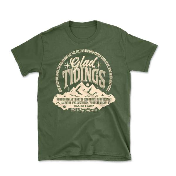 Olive green t-shirt featuring 'Glad Tidings' text and mountain graphic, isolated on a white background, showcasing a religious themed apparel design.