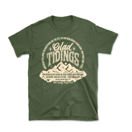 Olive green t-shirt featuring 'Glad Tidings' text and mountain graphic, isolated on a white background, showcasing a religious themed apparel design.