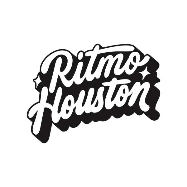 Black and white graphic text art of the words 'Ritmo Houston' with stars, against a white background. Isolated design.
