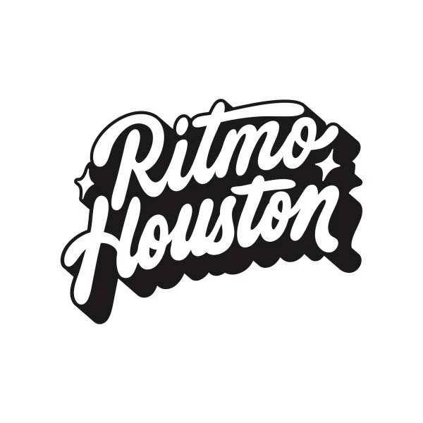 Black and white graphic text art of the words 'Ritmo Houston' with stars, against a white background. Isolated design.