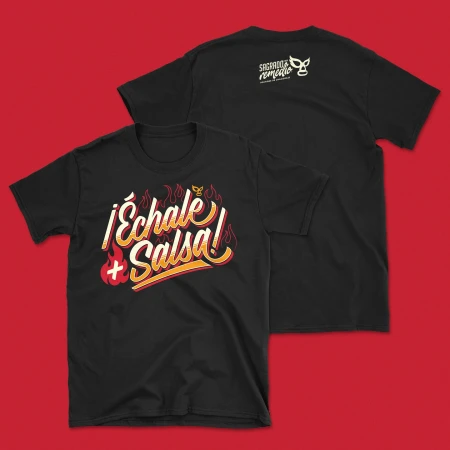 Two black t-shirts featuring the text "Échale Salsa!" and brand logos on a red background, suitable for apparel or fashion promotion.