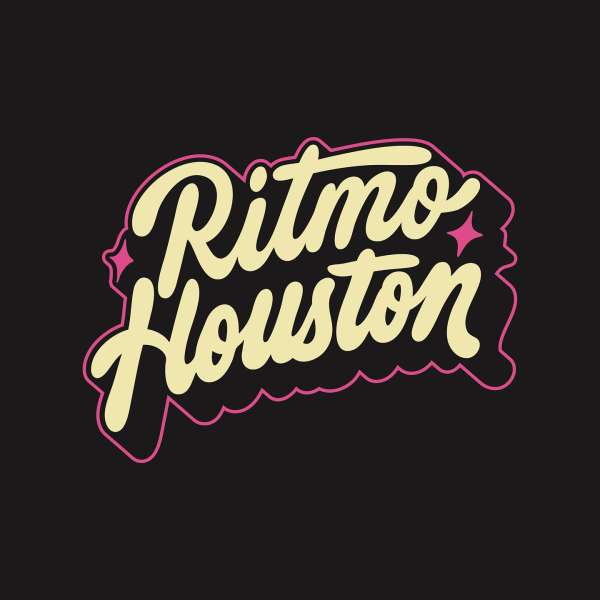 Retro-style graphic featuring the words 'Ritmo Houston' in a flowing, cream-colored script with a pink outline on a black background.