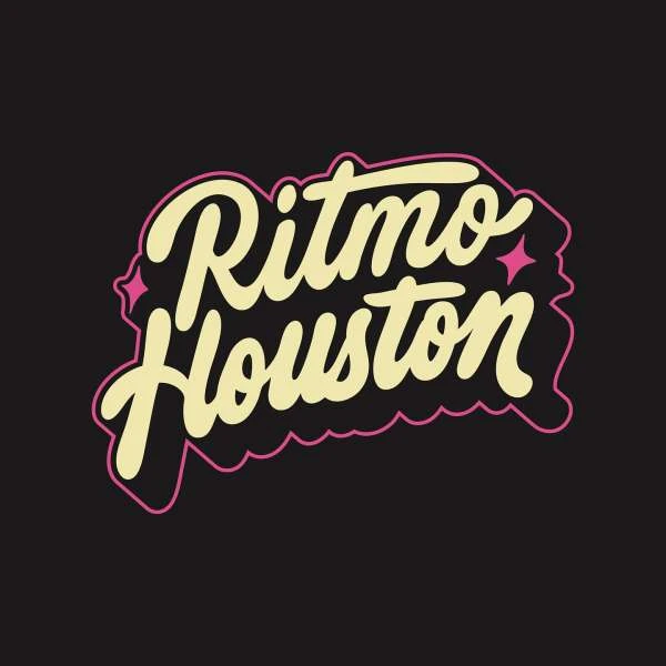 Retro-style graphic featuring the words 'Ritmo Houston' in a flowing, cream-colored script with a pink outline on a black background.