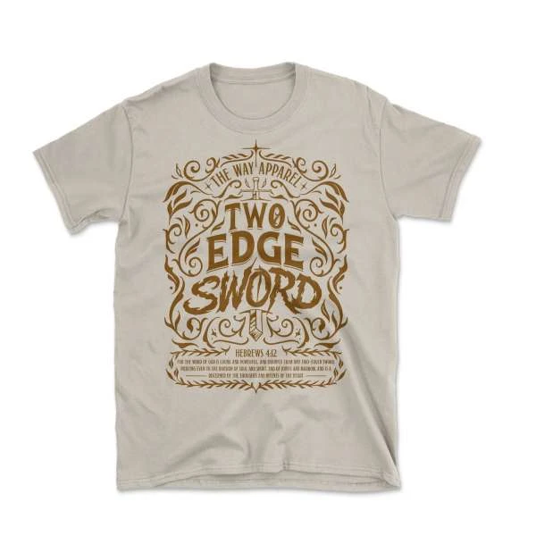 Beige t-shirt displaying a brown ornamental frame design with the words 'Two Edge Sword' and a Bible verse on a white background.