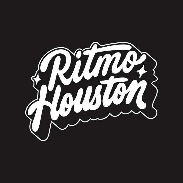 Black background showcases white stylized text 'Ritmo Houston', creating a bold, graphic logo with modern typography and clean design elements.