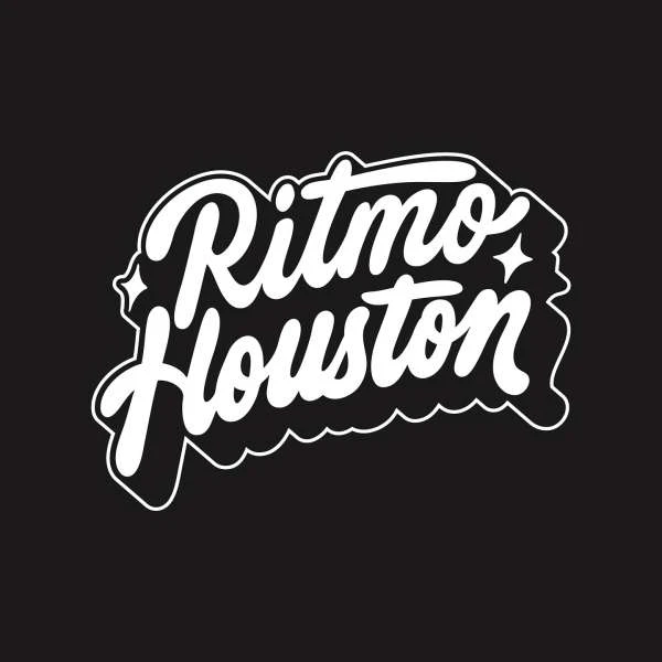 Black background showcases white stylized text 'Ritmo Houston', creating a bold, graphic logo with modern typography and clean design elements.