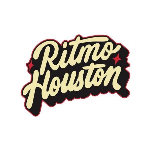 Graphic design of text "Ritmo Houston" in cream color with black and red outline on white background. Bold, retro, eye-catching design.