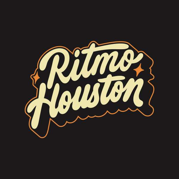 Stylized text graphic against a black background reading "Ritmo Houston" in cream with a tan outline and orange star accents.