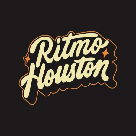 Stylized text graphic against a black background reading "Ritmo Houston" in cream with a tan outline and orange star accents.