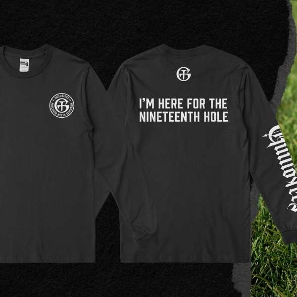 Two black long-sleeved shirts are displayed, one facing forward showing a logo and the other shows a slogan, against a textured backdrop.