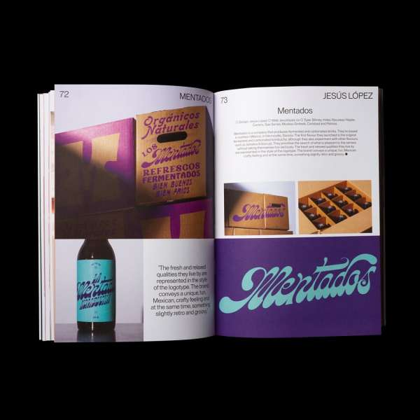 Open magazine spread features product photography and typography with a modern editorial design, showcasing Mentados beverage branding.