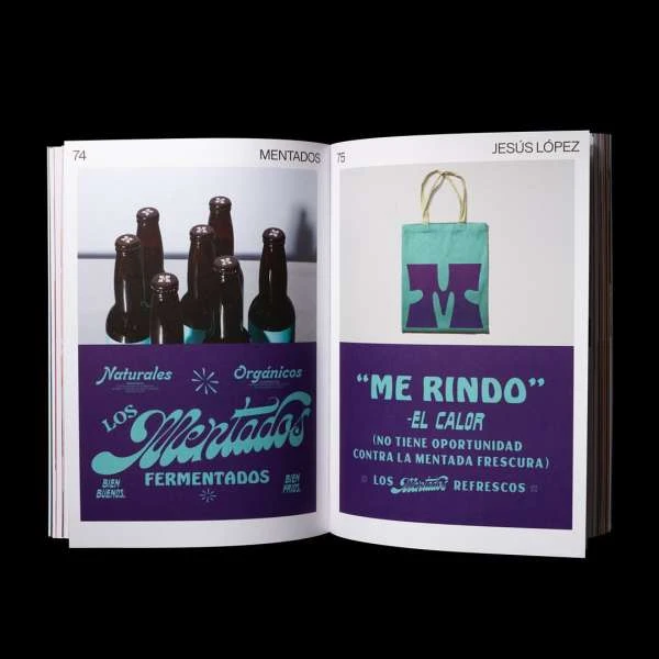 Open book spread showing a product catalog with bottled beverages on the left page and a shopping bag on the right page.