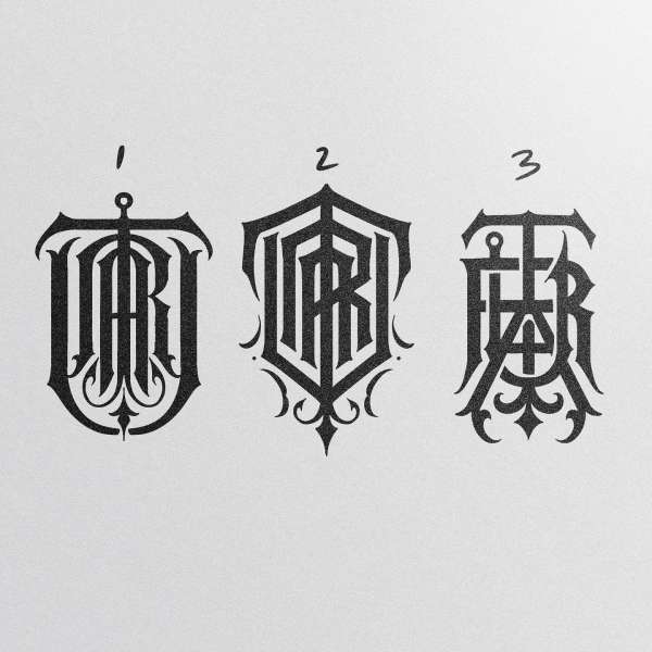 Three black stylized monogram designs on a white background, featuring interwoven letters and decorative elements, numbered 1, 2, and 3.