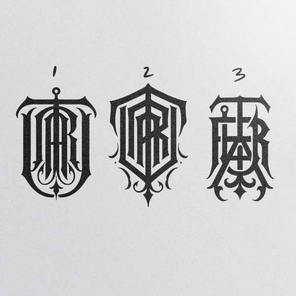 Three black stylized monogram designs on a white background, featuring interwoven letters and decorative elements, numbered 1, 2, and 3.