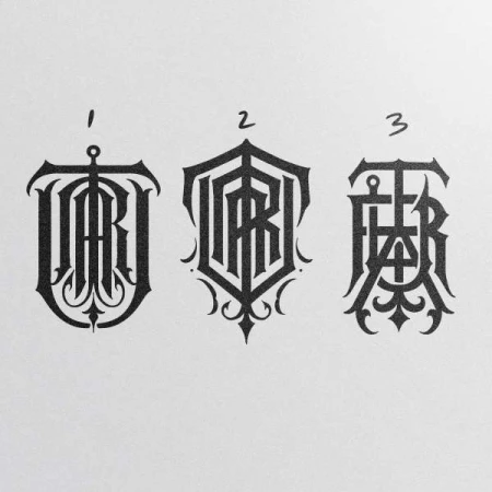 Three black stylized monogram designs on a white background, featuring interwoven letters and decorative elements, numbered 1, 2, and 3.