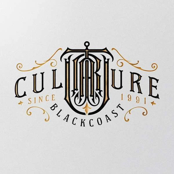 Elegant typography logo for Culture Blackcoast since 1991. Ornate design with swashes and curls in black and gold on a white background.