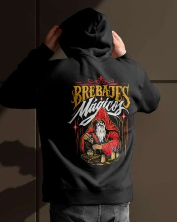 Back view of a person wearing a black hoodie with a graphic print of a wizard and 'Brebajes Magicos' text, paired with casual denim jeans.