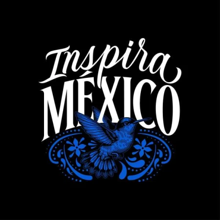 Illustration featuring a blue hummingbird in flight with decorative floral elements, set against a black background with white 'Inspira MEXICO' text.