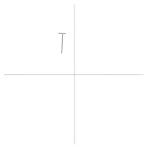 Simple line drawing of the letter T with a thin horizontal and vertical line crossing at the center of the frame on white.