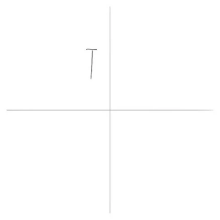 Simple line drawing of the letter T with a thin horizontal and vertical line crossing at the center of the frame on white.