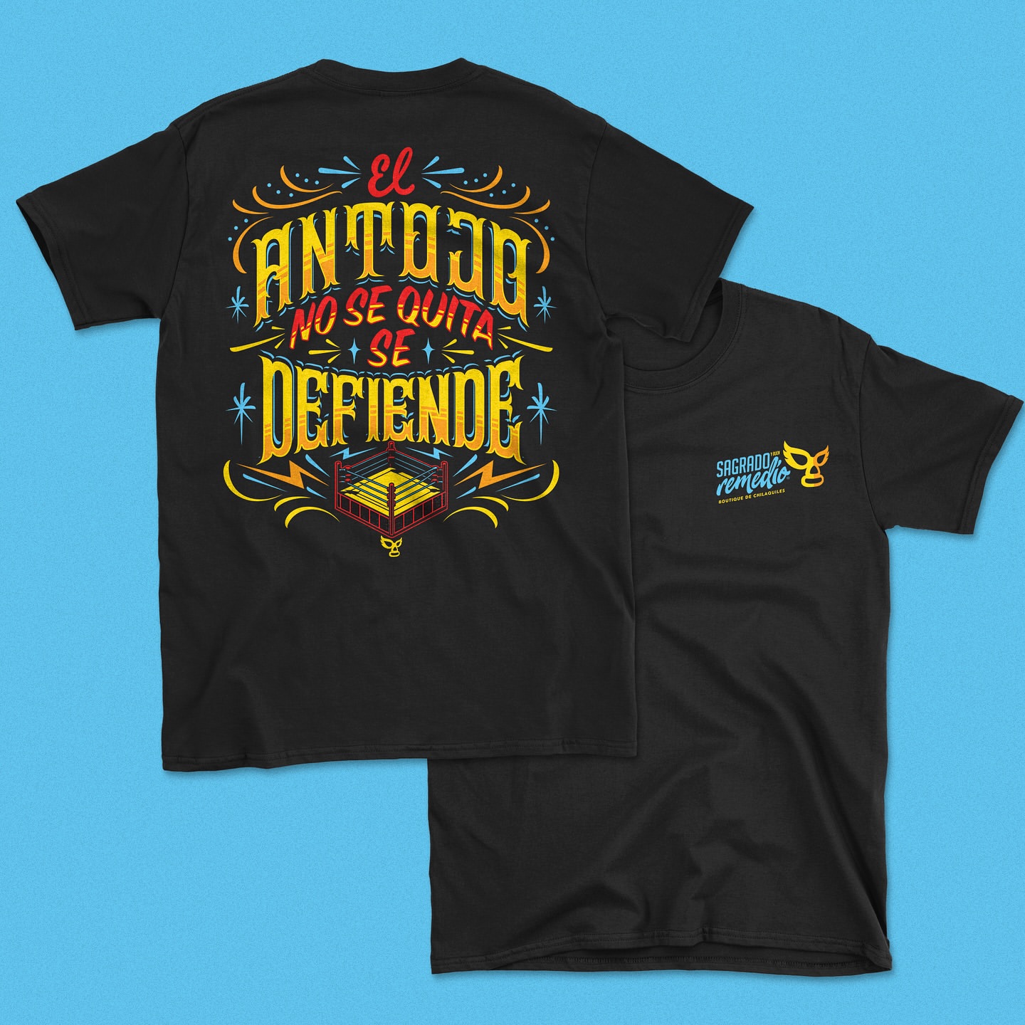 Two black t-shirts displayed on a blue background feature wrestling-themed graphic designs, one with text and a ring design, and a small logo.