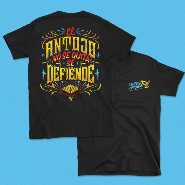 Two black t-shirts displayed on a blue background feature wrestling-themed graphic designs, one with text and a ring design, and a small logo.