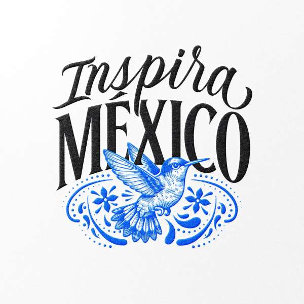 Whimsical illustration featuring a blue hummingbird surrounded by floral designs, accompanied by black lettering that reads 'Inspira Mexico'.