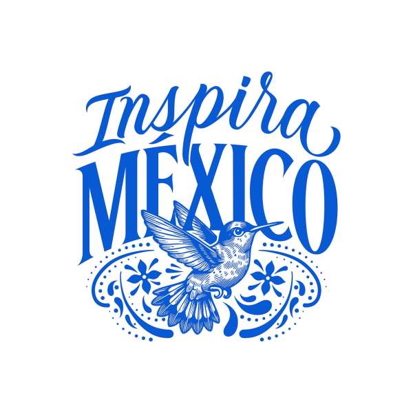Graphical art featuring the words "Inspira México" alongside a hummingbird illustration and floral elements in a blue color palette.