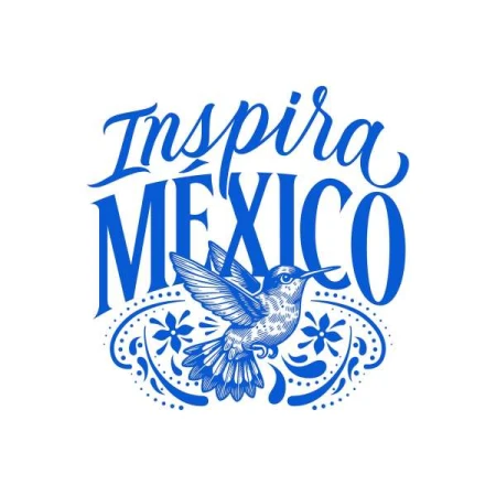 Graphical art featuring the words "Inspira México" alongside a hummingbird illustration and floral elements in a blue color palette.