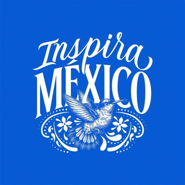 A blue and white graphic design features a hummingbird flying above decorative floral elements, with the text 'Inspira MEXICO' above.