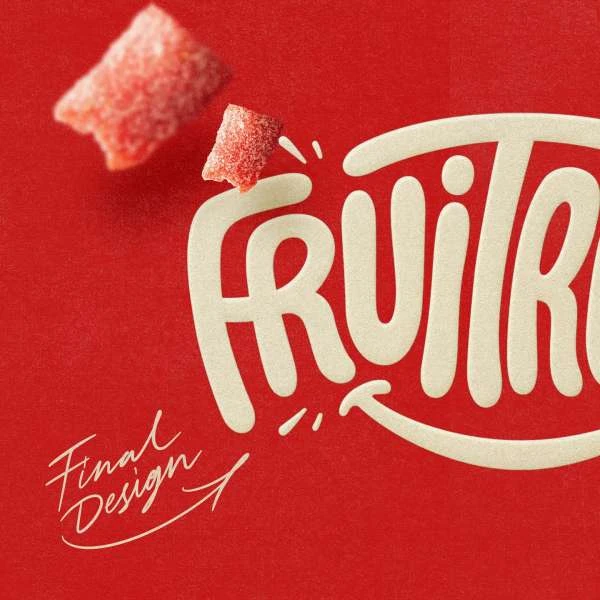 Close-up studio shot of two fruit-flavored gummy candies on a red background with stylized text reading 'FRUITRI', food photography.