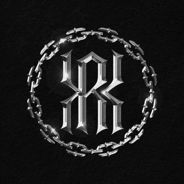 Abstract silver metal graphic design with bold typeface surrounded by chain links against a dark textured background.