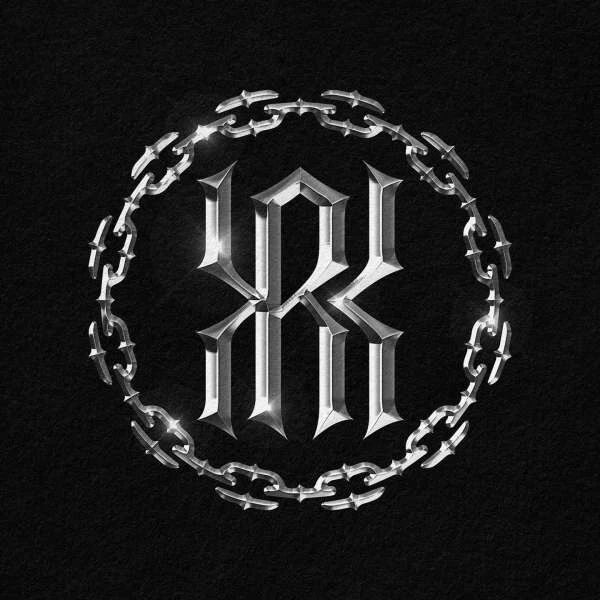 Abstract silver metal graphic design with bold typeface surrounded by chain links against a dark textured background.