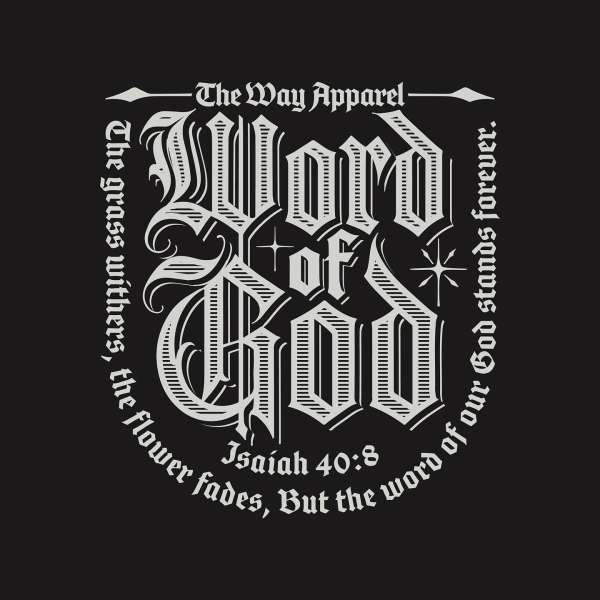 Artistic design with the phrase 'Word of God' in elaborate typography on a dark background, incorporating scriptural text and branding.
