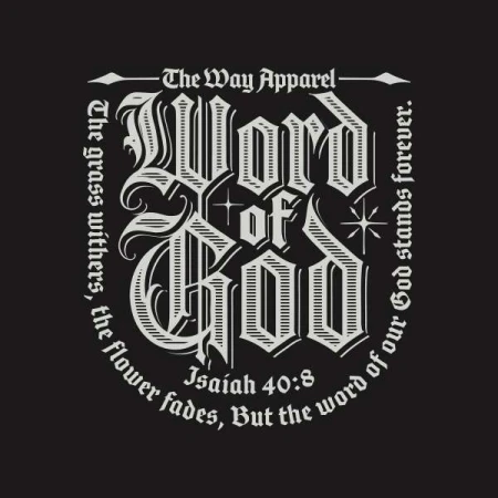 Artistic design with the phrase 'Word of God' in elaborate typography on a dark background, incorporating scriptural text and branding.