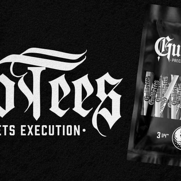 Black and white studio shot of Guillowtees golf tees in packaging, alongside the brand logo with the words 'Execution' beneath.