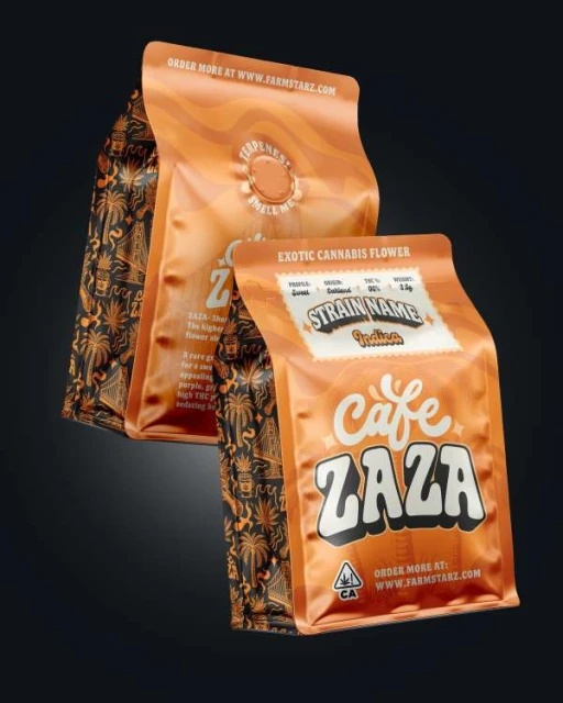 Two orange and black packages of Cafe Zaza exotic cannabis flower are displayed against a dark background, highlighting the product's branding.