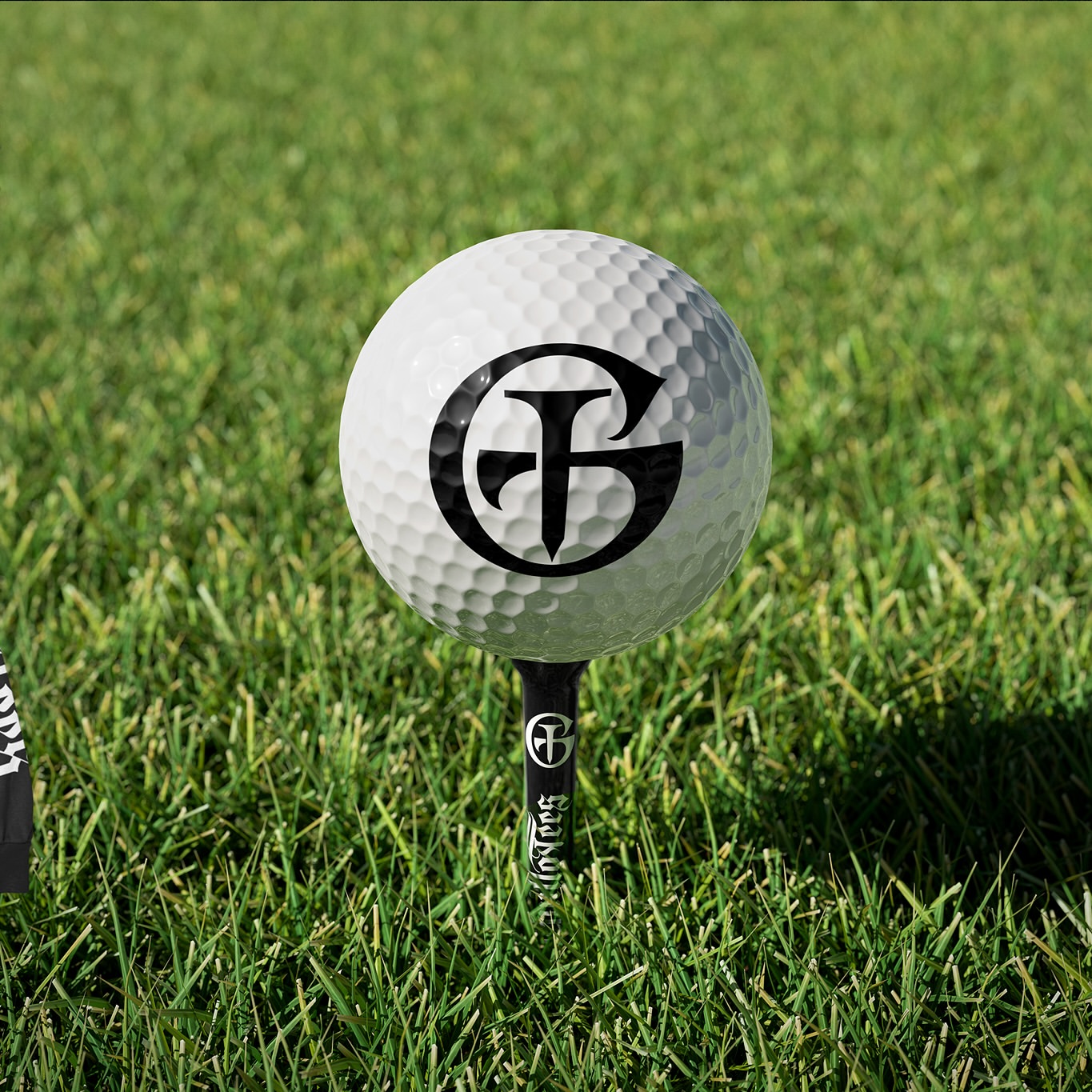Close-up of a white golf ball with a black logo on a black tee in green grass on a sunny day.