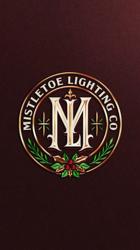 Mistletoe Lighting Co. logo with gold trim, green mistletoe, and red berries on a dark brown background. Letter M in the center.
